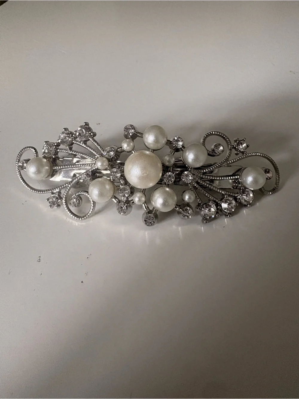 Pearl & Crystal Silver Hair Barrette - Picture 1 of 4